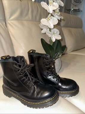 Dr. Martens Black Leather Combat Boots with Yellow Stitching